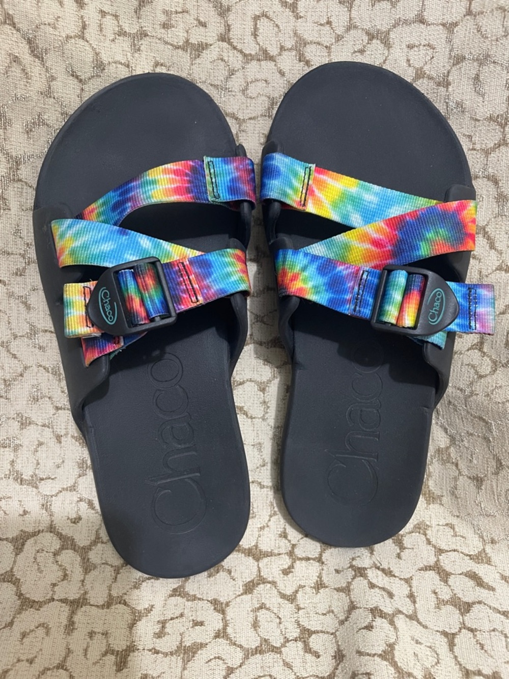 Chaco Tie-Dye Rainbow Adjustable Strap Slide Sandals - Black Footbed Men’s Sz 9